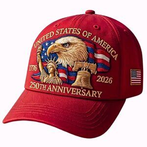 U.S.A. 250th Anniversary Eagle Statue of Liberty Bell Embroidered Red Cap - NEW